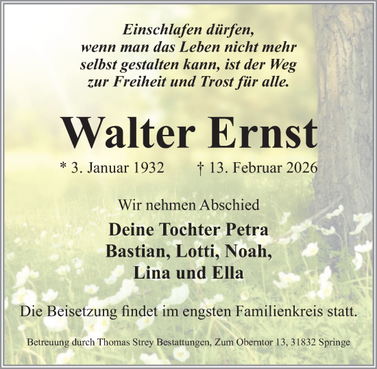 Traueranzeige von Walter Ernst von Neue Deister-Zeitung